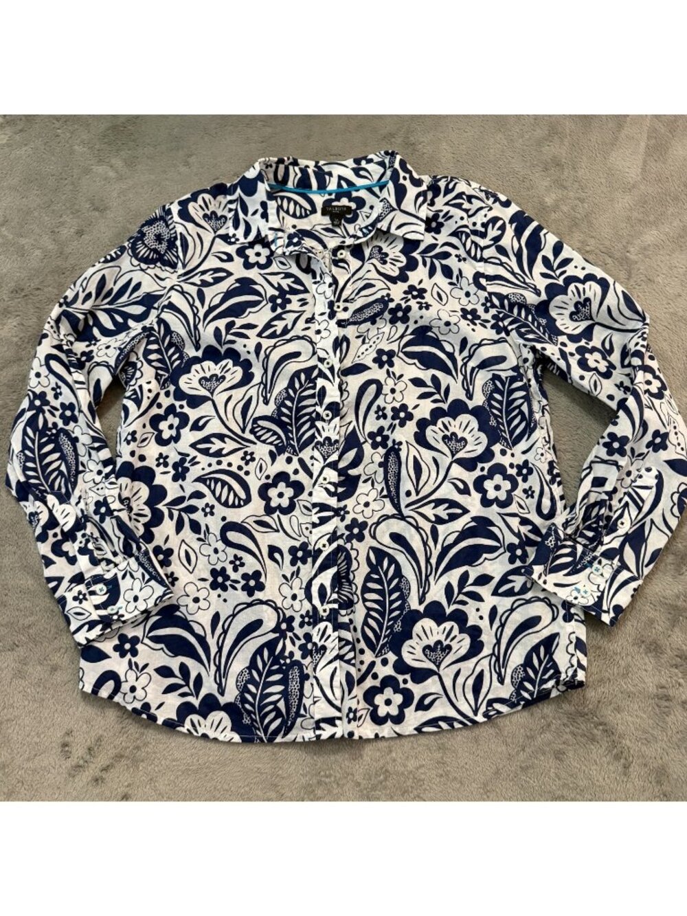 Talbots Long Sleeve Button Up Blouse Large Petite LP White Blue Floral Cotton